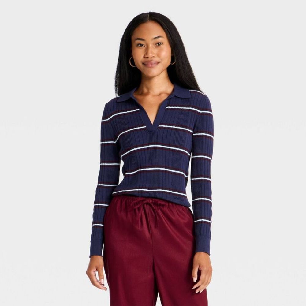 Women's Johnny Collar Pullover Polo Sweater - A New Day Navy Blue S